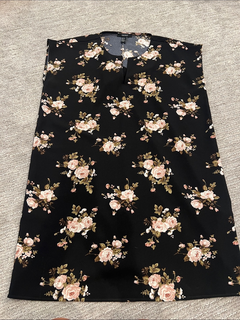 Black Floral Shift Dress with Pink Rose Print